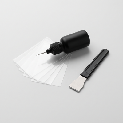 SMITH GlassFix windshield repair kit: resin applicator, curing films and razor blade
