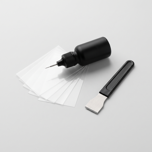 SMITH GlassFix windshield repair kit: resin applicator, curing films and razor blade